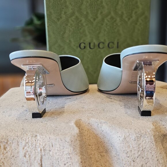 Gucci Interlocking G Heel Sandal 772569 C9D00  3409 Light Green Leather Size 39 - Picture 5 of 11